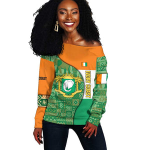 Ivory Coast Off Shoulder Sweater Elephant Crest and Tribal Pattern - African Pride