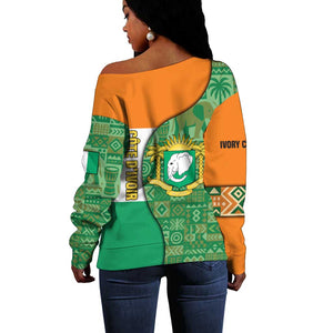 Ivory Coast Off Shoulder Sweater Elephant Crest and Tribal Pattern - African Pride