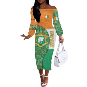 Ivory Coast Off The Shoulder Long Sleeve Dress Elephant Crest and Tribal Pattern - African Pride