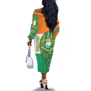 Ivory Coast Off The Shoulder Long Sleeve Dress Elephant Crest and Tribal Pattern - African Pride