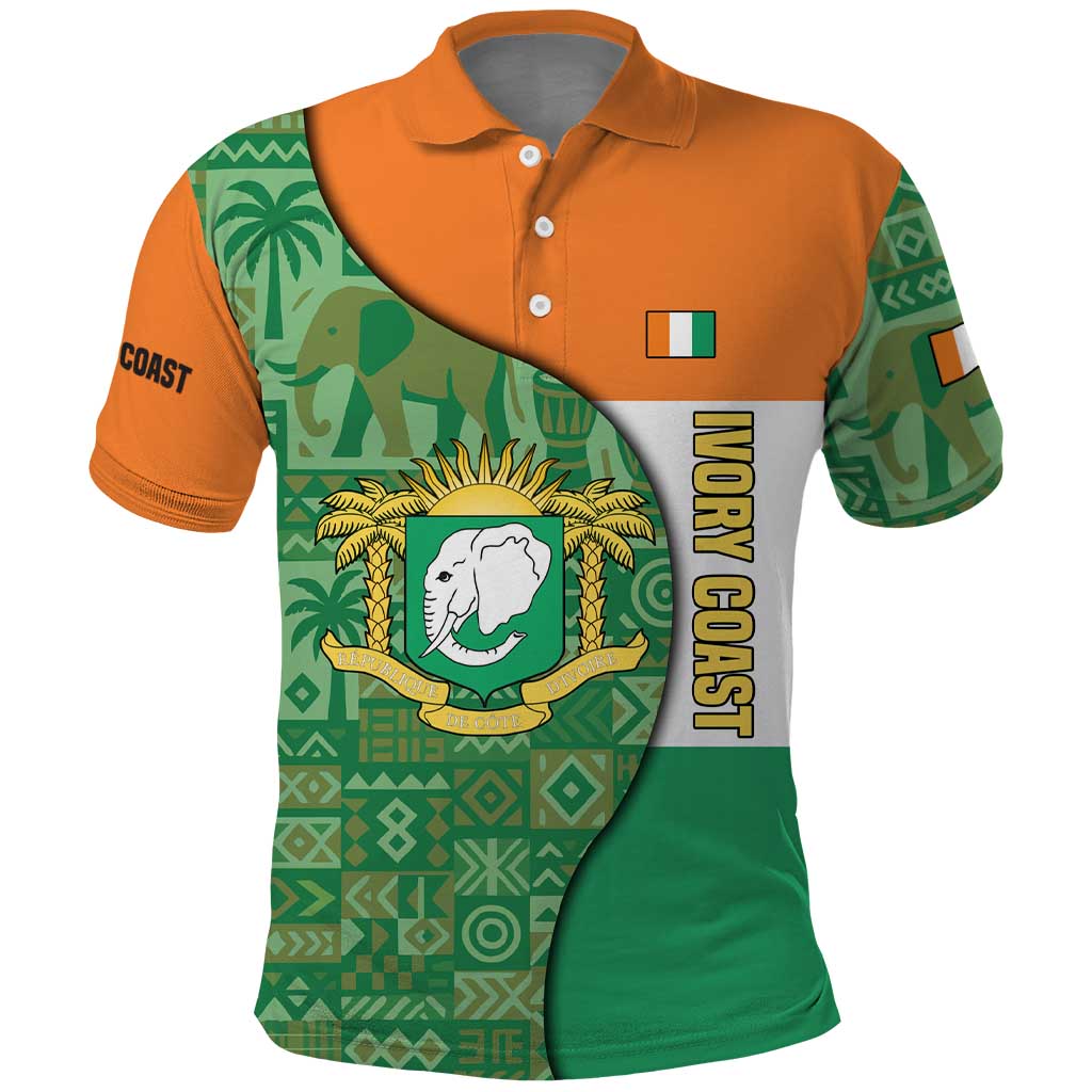 Ivory Coast Polo Shirt Elephant Crest and Tribal Pattern - African Pride