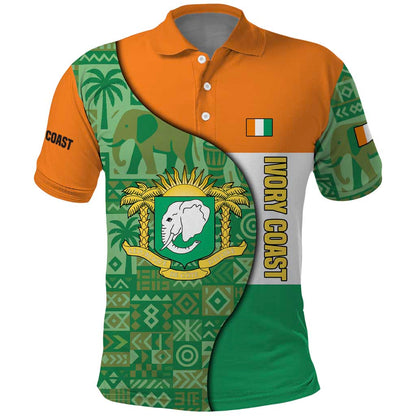 Ivory Coast Polo Shirt Elephant Crest and Tribal Pattern - African Pride