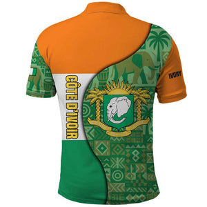 Ivory Coast Polo Shirt Elephant Crest and Tribal Pattern - African Pride
