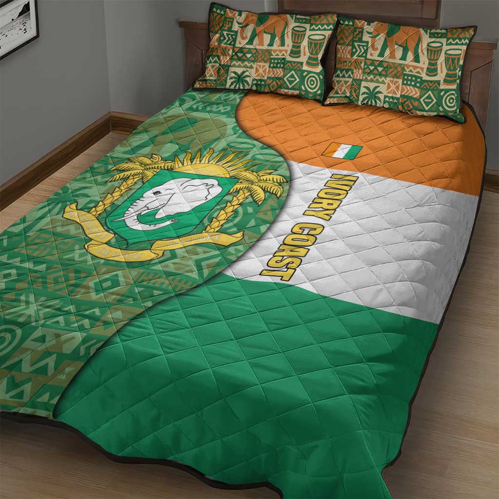 Ivory Coast Quilt Bed Set Elephant Crest and Tribal Pattern - African Pride