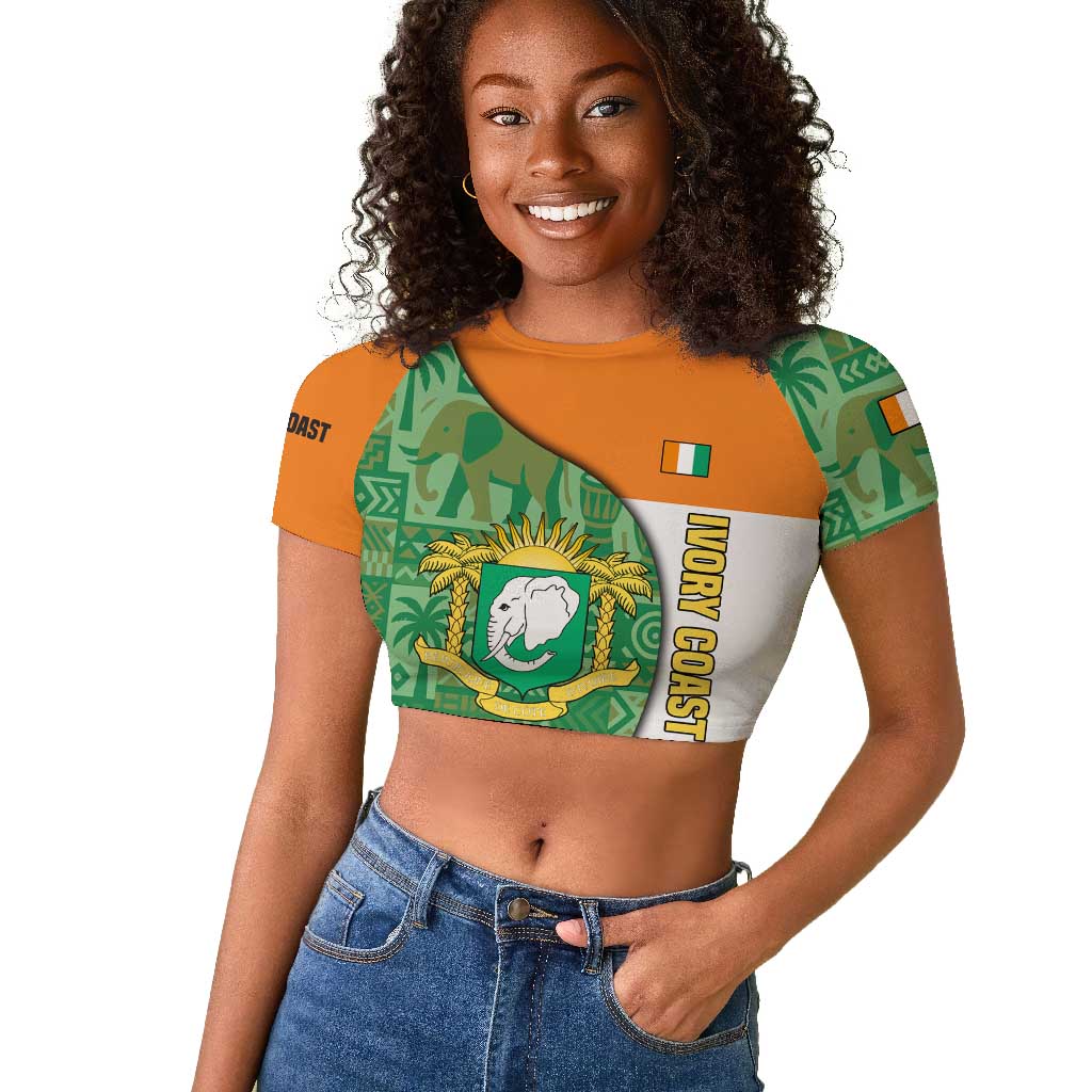 Ivory Coast Raglan Cropped T shirt Elephant Crest and Tribal Pattern - African Pride