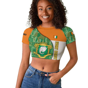 Ivory Coast Raglan Cropped T shirt Elephant Crest and Tribal Pattern - African Pride