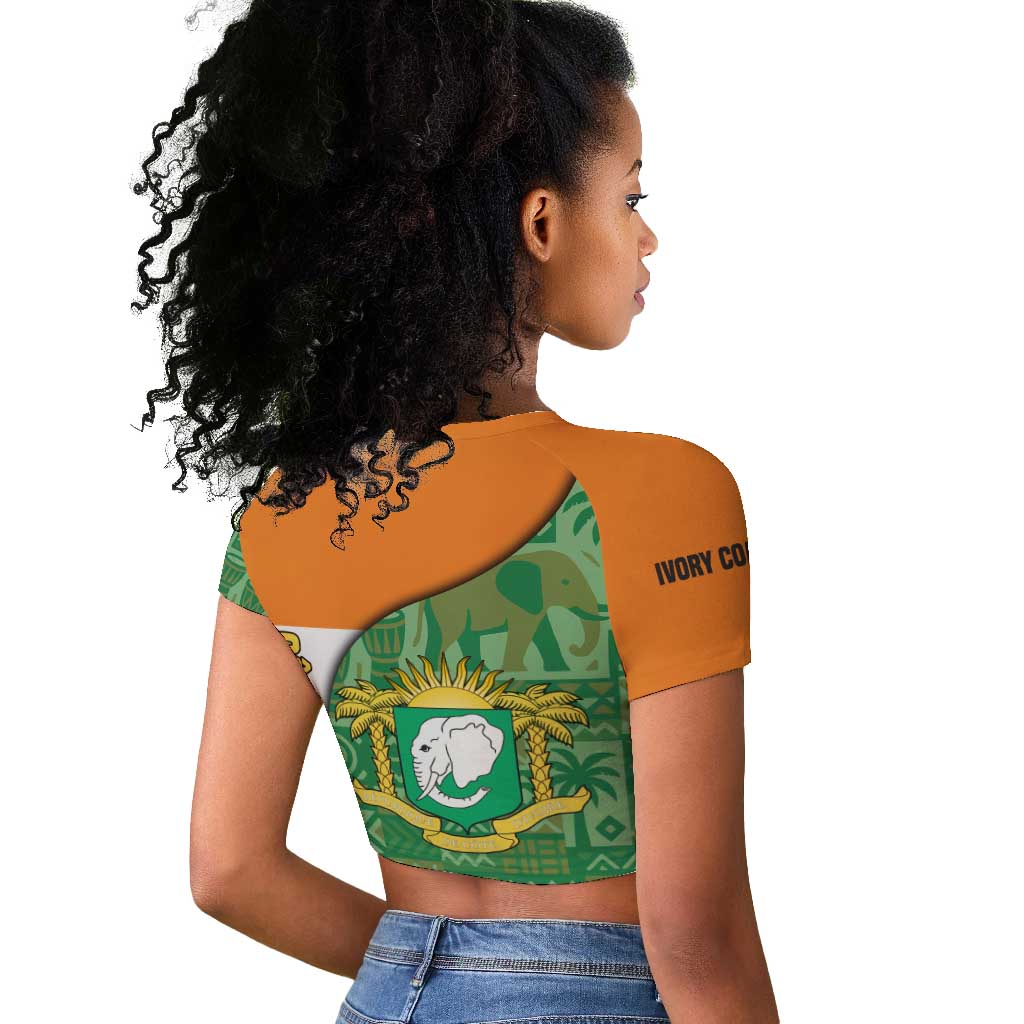 Ivory Coast Raglan Cropped T shirt Elephant Crest and Tribal Pattern - African Pride