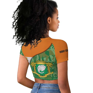 Ivory Coast Raglan Cropped T shirt Elephant Crest and Tribal Pattern - African Pride