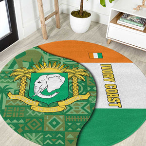 Ivory Coast Round Carpet Elephant Crest and Tribal Pattern - African Pride