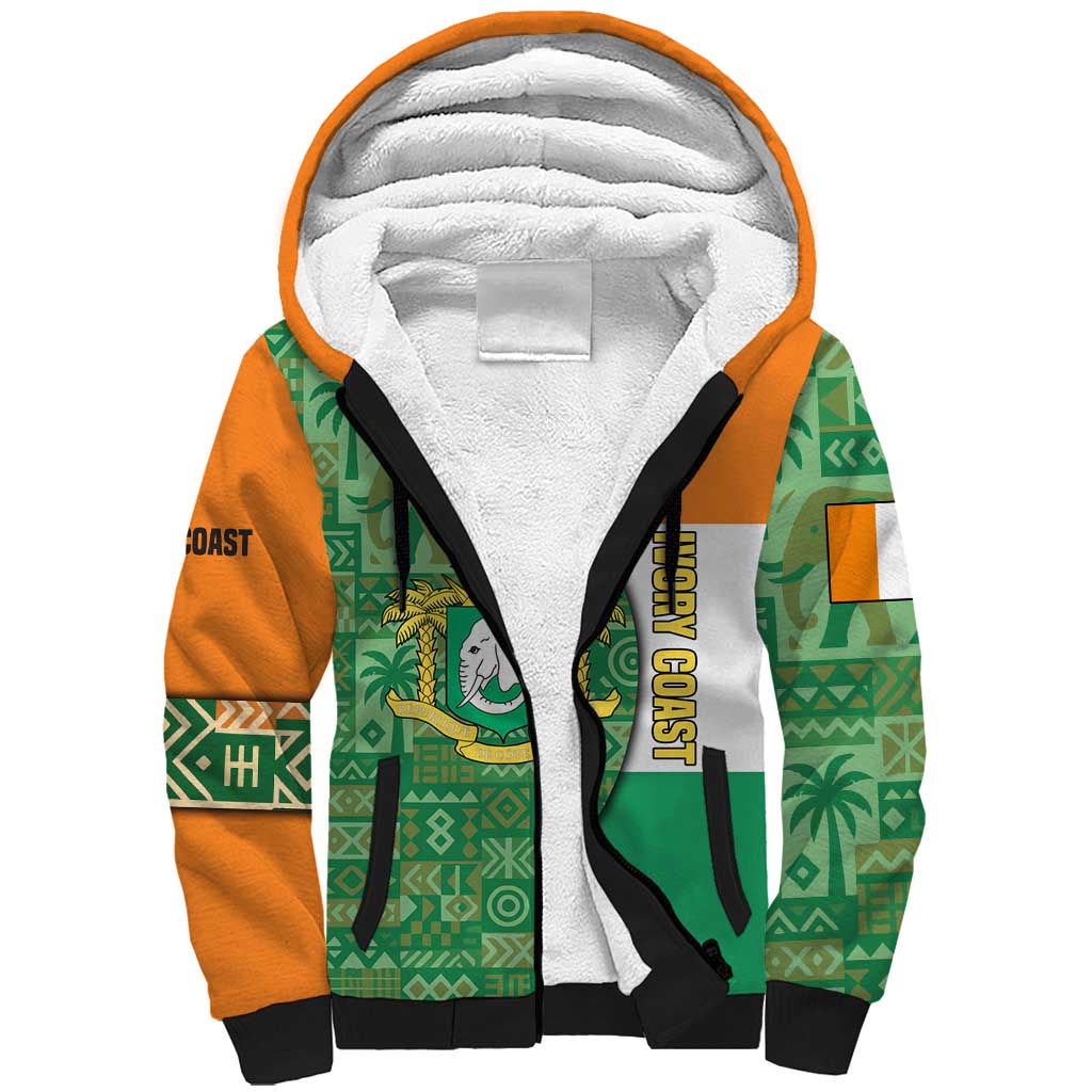 Ivory Coast Sherpa Hoodie Elephant Crest and Tribal Pattern - African Pride