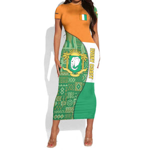 Ivory Coast Short Sleeve Bodycon Dress Elephant Crest and Tribal Pattern - African Pride