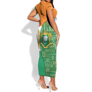 Ivory Coast Short Sleeve Bodycon Dress Elephant Crest and Tribal Pattern - African Pride