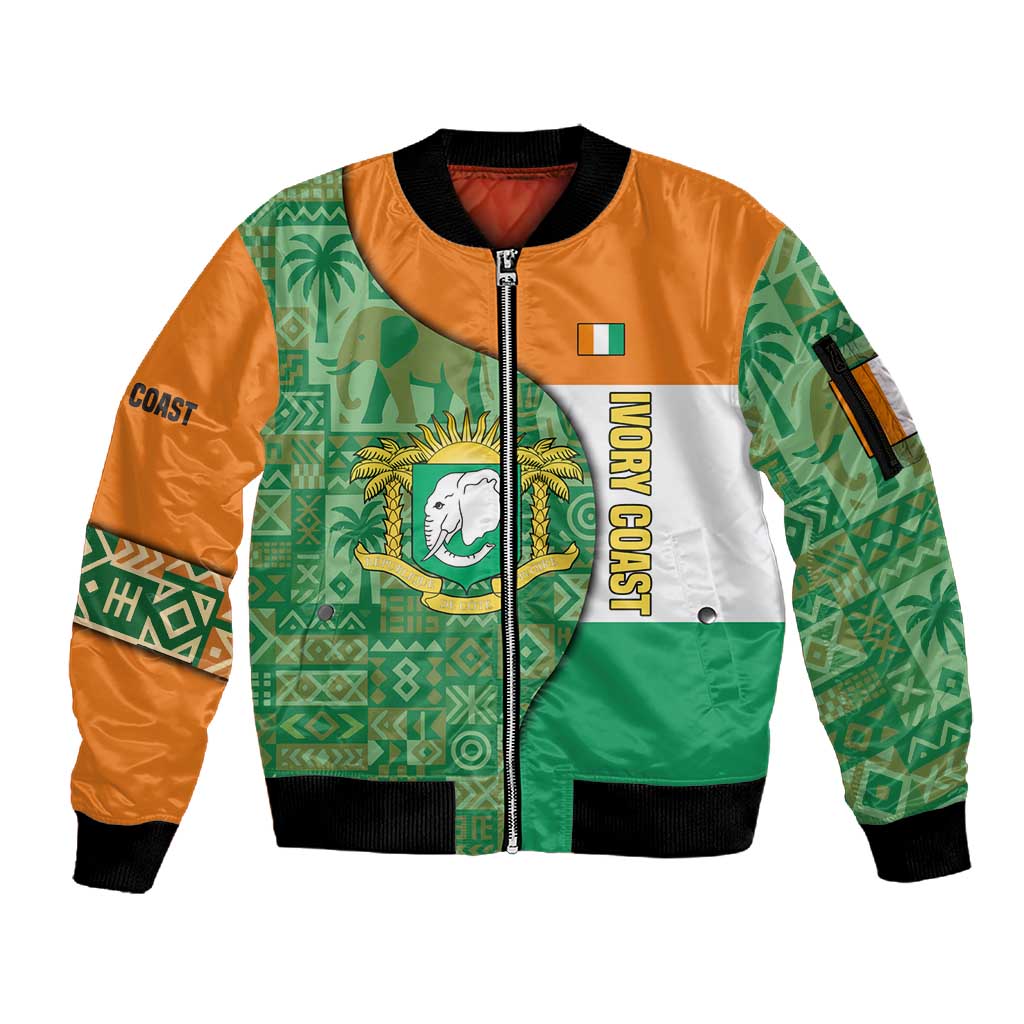 Ivory Coast Sleeve Zip Bomber Jacket Elephant Crest and Tribal Pattern - African Pride