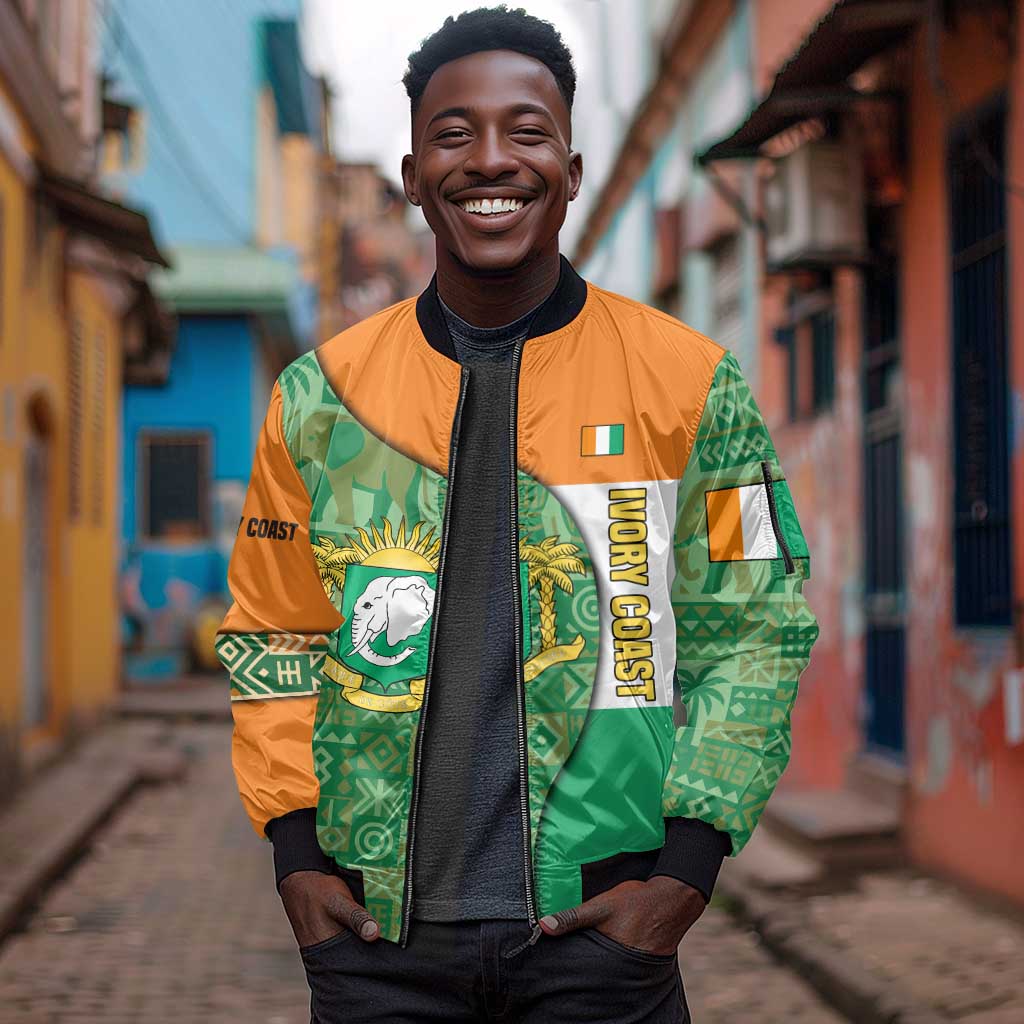 Ivory Coast Sleeve Zip Bomber Jacket Elephant Crest and Tribal Pattern - African Pride