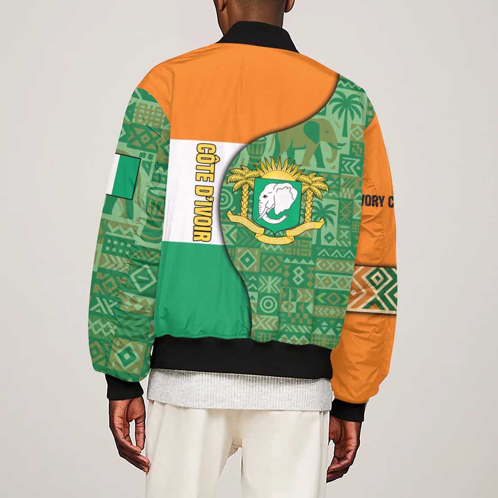 Ivory Coast Sleeve Zip Bomber Jacket Elephant Crest and Tribal Pattern - African Pride