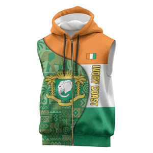 Ivory Coast Sleeveless Zip Hoodie Elephant Crest and Tribal Pattern - African Pride