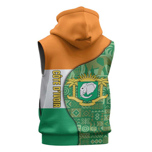 Ivory Coast Sleeveless Zip Hoodie Elephant Crest and Tribal Pattern - African Pride