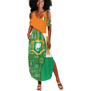 Ivory Coast Summer Maxi Dress Elephant Crest and Tribal Pattern - African Pride