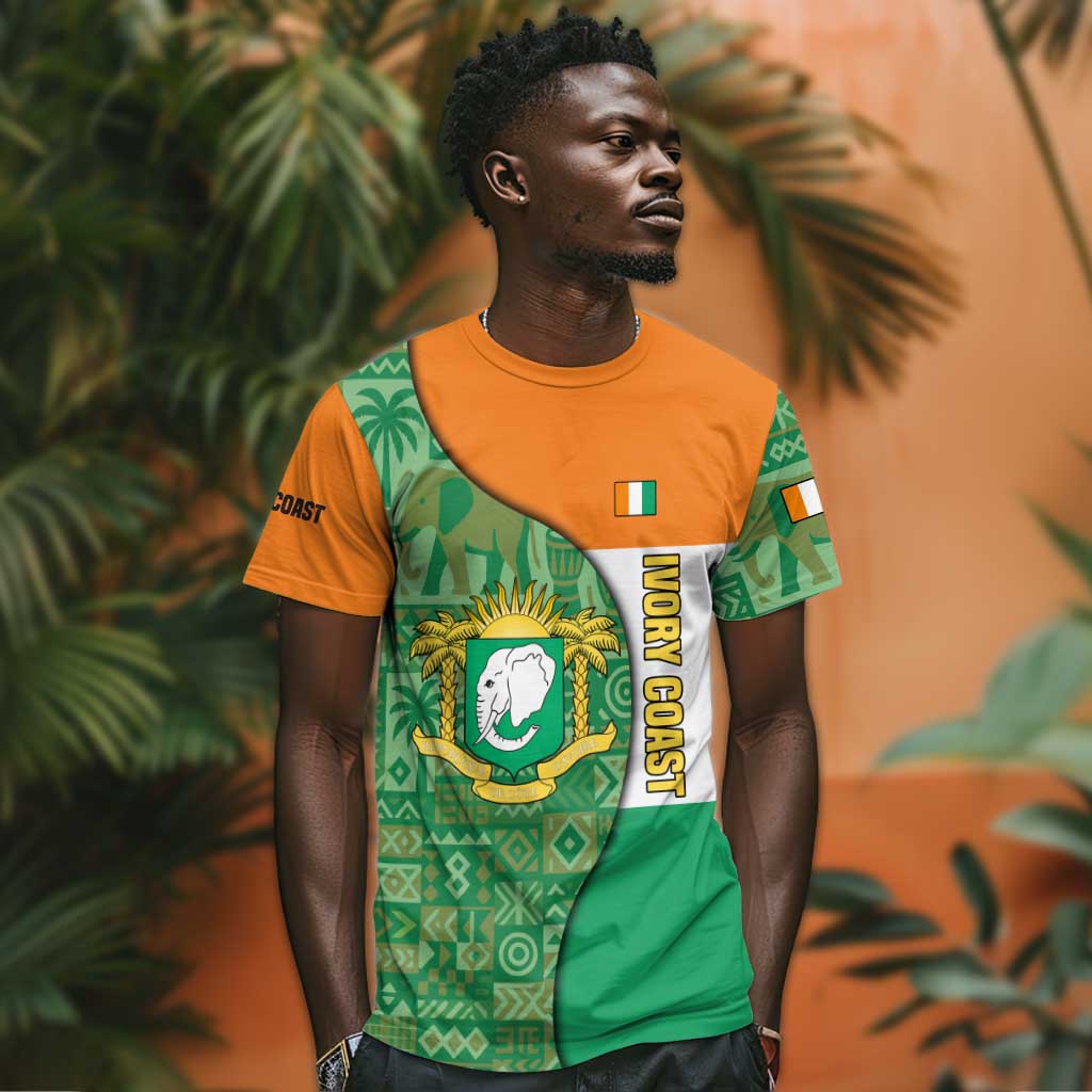 Ivory Coast T shirt Elephant Crest and Tribal Pattern - African Pride