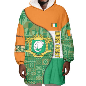 Ivory Coast Wearable Blanket Hoodie Elephant Crest and Tribal Pattern - African Pride