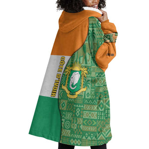 Ivory Coast Wearable Blanket Hoodie Elephant Crest and Tribal Pattern - African Pride