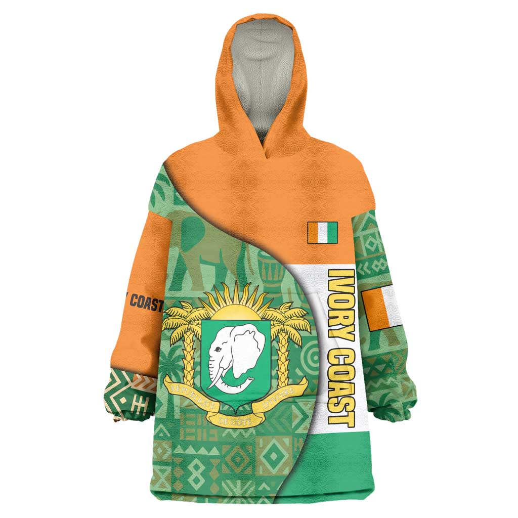 Ivory Coast Wearable Blanket Hoodie Elephant Crest and Tribal Pattern - African Pride
