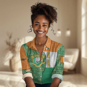 Ivory Coast Women Casual Shirt Elephant Crest and Tribal Pattern - African Pride