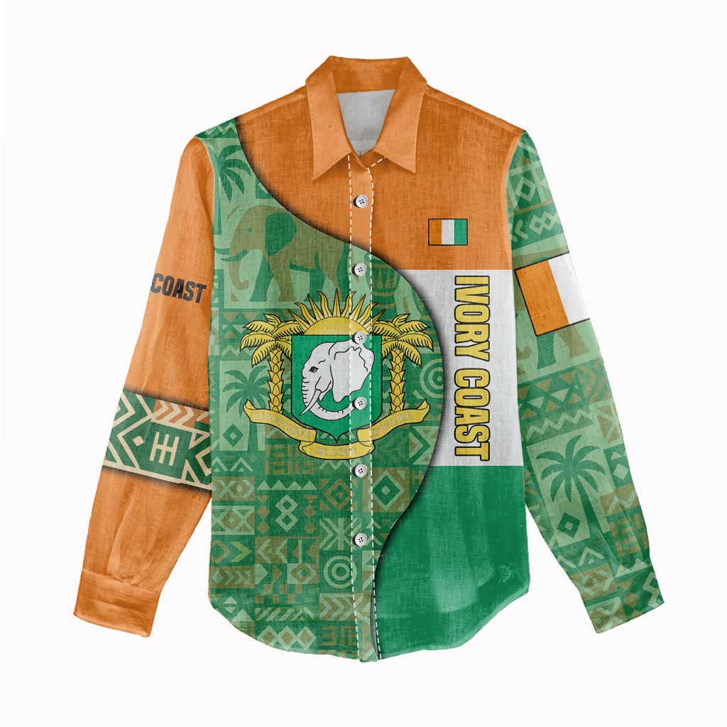Ivory Coast Women Casual Shirt Elephant Crest and Tribal Pattern - African Pride