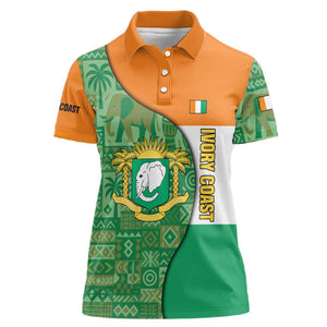 Ivory Coast Women Polo Shirt Elephant Crest and Tribal Pattern - African Pride