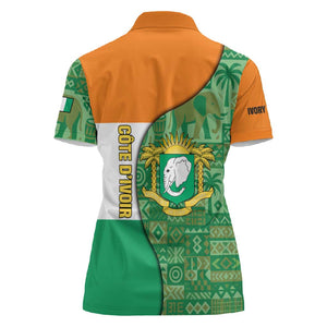 Ivory Coast Women Polo Shirt Elephant Crest and Tribal Pattern - African Pride