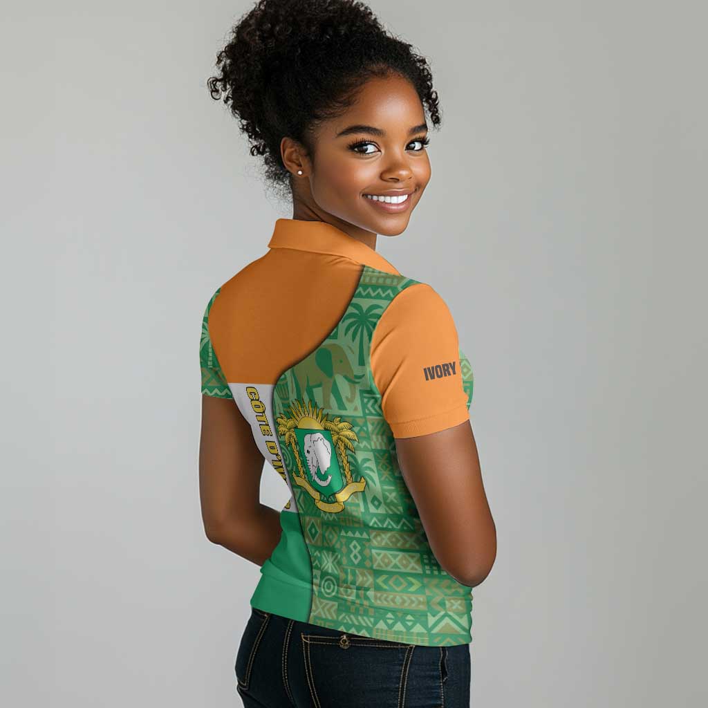 Ivory Coast Women Polo Shirt Elephant Crest and Tribal Pattern - African Pride