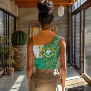 Ivory Coast Women Sleeveless Polo Shirt Elephant Crest and Tribal Pattern - African Pride