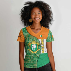 Ivory Coast Women V-Neck T-Shirt Elephant Crest and Tribal Pattern - African Pride