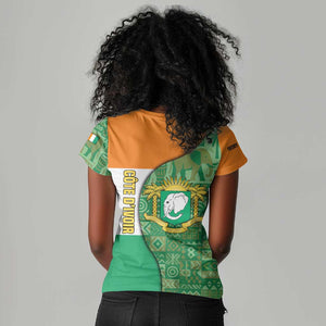 Ivory Coast Women V-Neck T-Shirt Elephant Crest and Tribal Pattern - African Pride