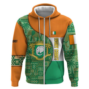 Ivory Coast Zip Hoodie Elephant Crest and Tribal Pattern - African Pride