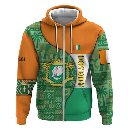 Ivory Coast Zip Hoodie Elephant Crest and Tribal Pattern - African Pride