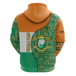 Ivory Coast Zip Hoodie Elephant Crest and Tribal Pattern - African Pride