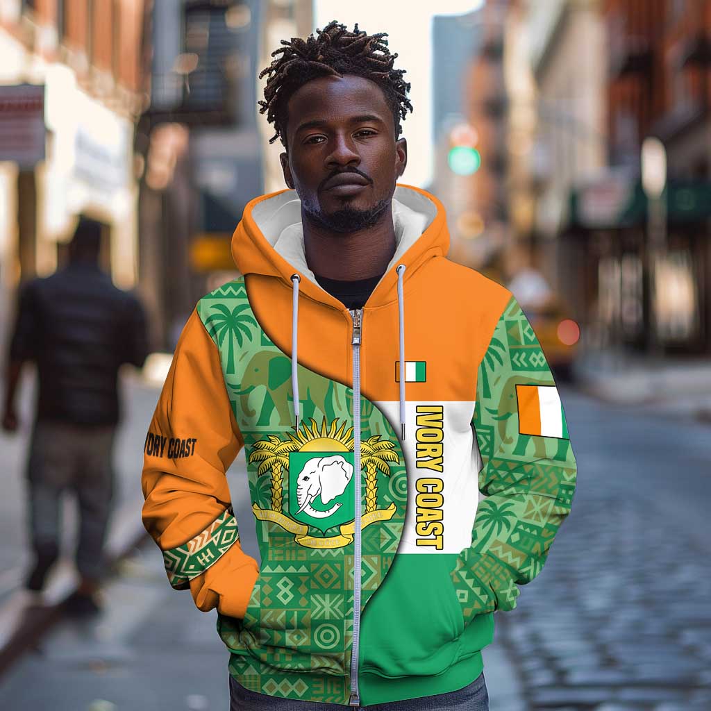 Ivory Coast Zip Hoodie Elephant Crest and Tribal Pattern - African Pride
