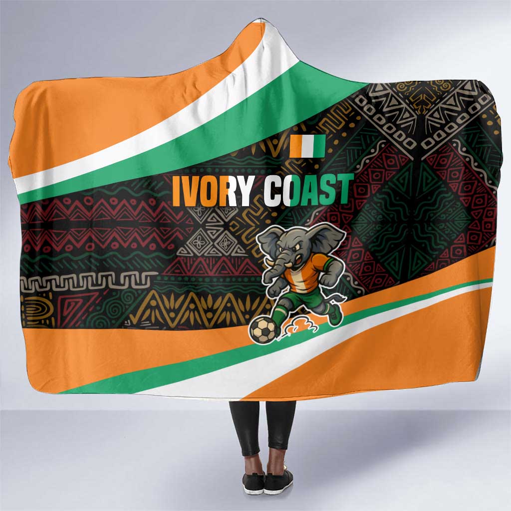 Ivory Coast Elephants Football Hooded Blanket Soccer with Tribal Pattern - African Pride