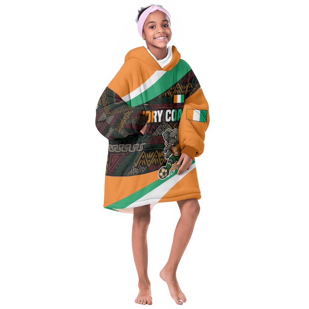 Ivory Coast Elephants Football Kid Wearable Blanket Hoodie Soccer with Tribal Pattern - African Pride
