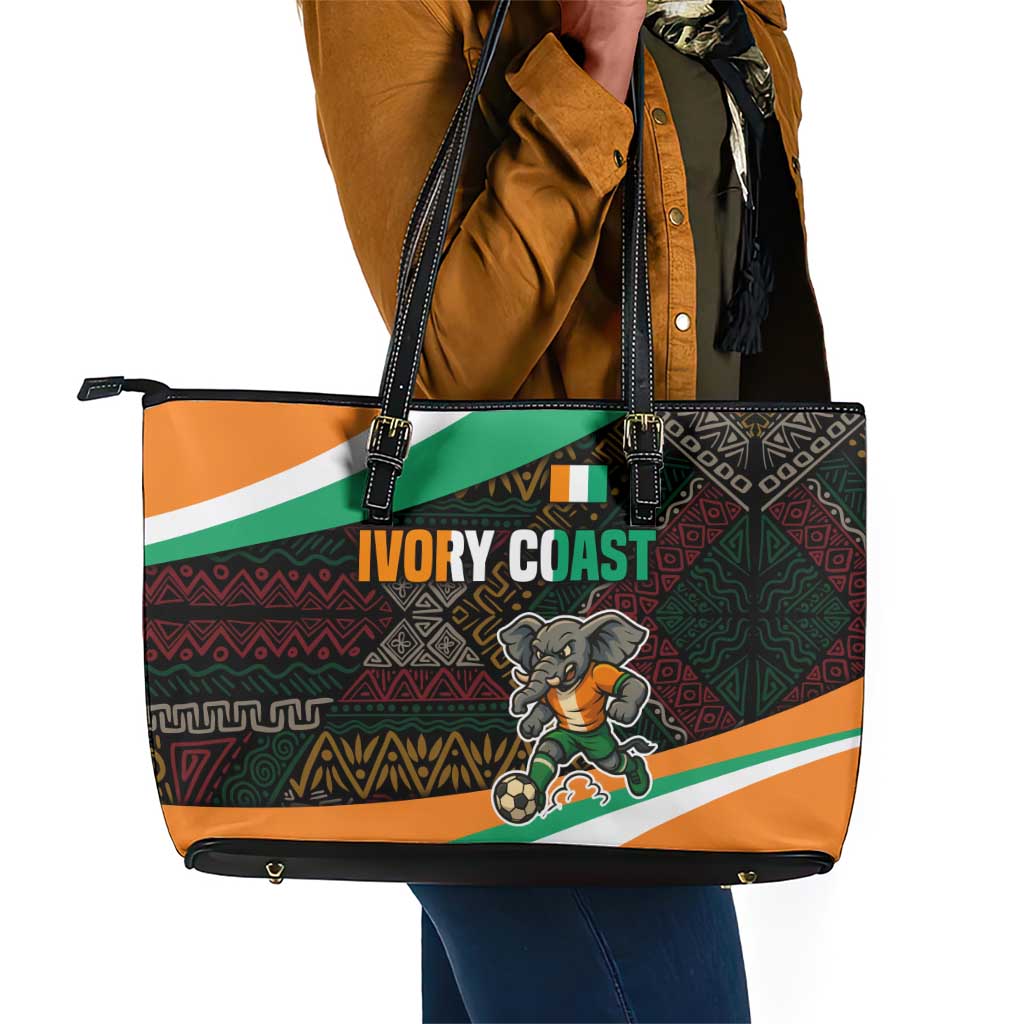 Ivory Coast Elephants Football Leather Tote Bag Soccer with Tribal Pattern - African Pride