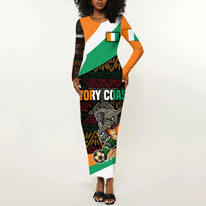 Ivory Coast Elephants Football Long Sleeve Bodycon Dress Soccer with Tribal Pattern - African Pride