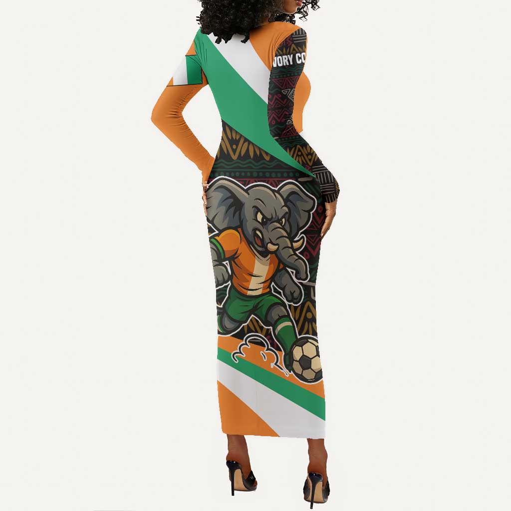 Ivory Coast Elephants Football Long Sleeve Bodycon Dress Soccer with Tribal Pattern - African Pride