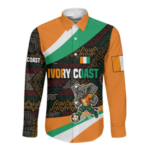 Ivory Coast Elephants Football Long Sleeve Button Shirt Soccer with Tribal Pattern - African Pride
