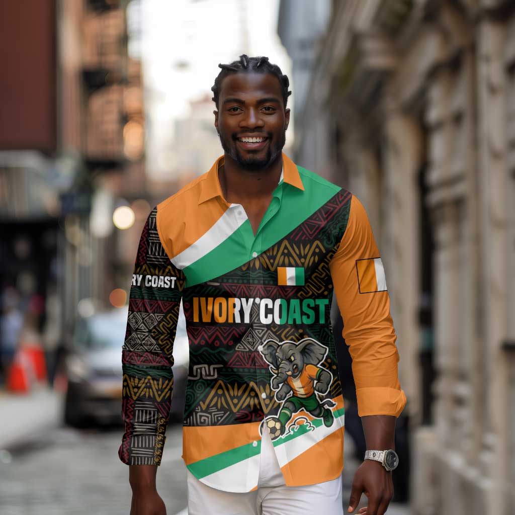 Ivory Coast Elephants Football Long Sleeve Button Shirt Soccer with Tribal Pattern - African Pride