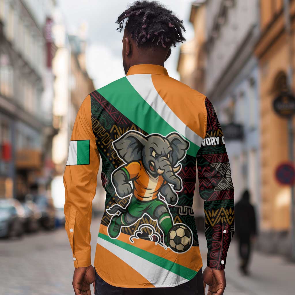Ivory Coast Elephants Football Long Sleeve Button Shirt Soccer with Tribal Pattern - African Pride