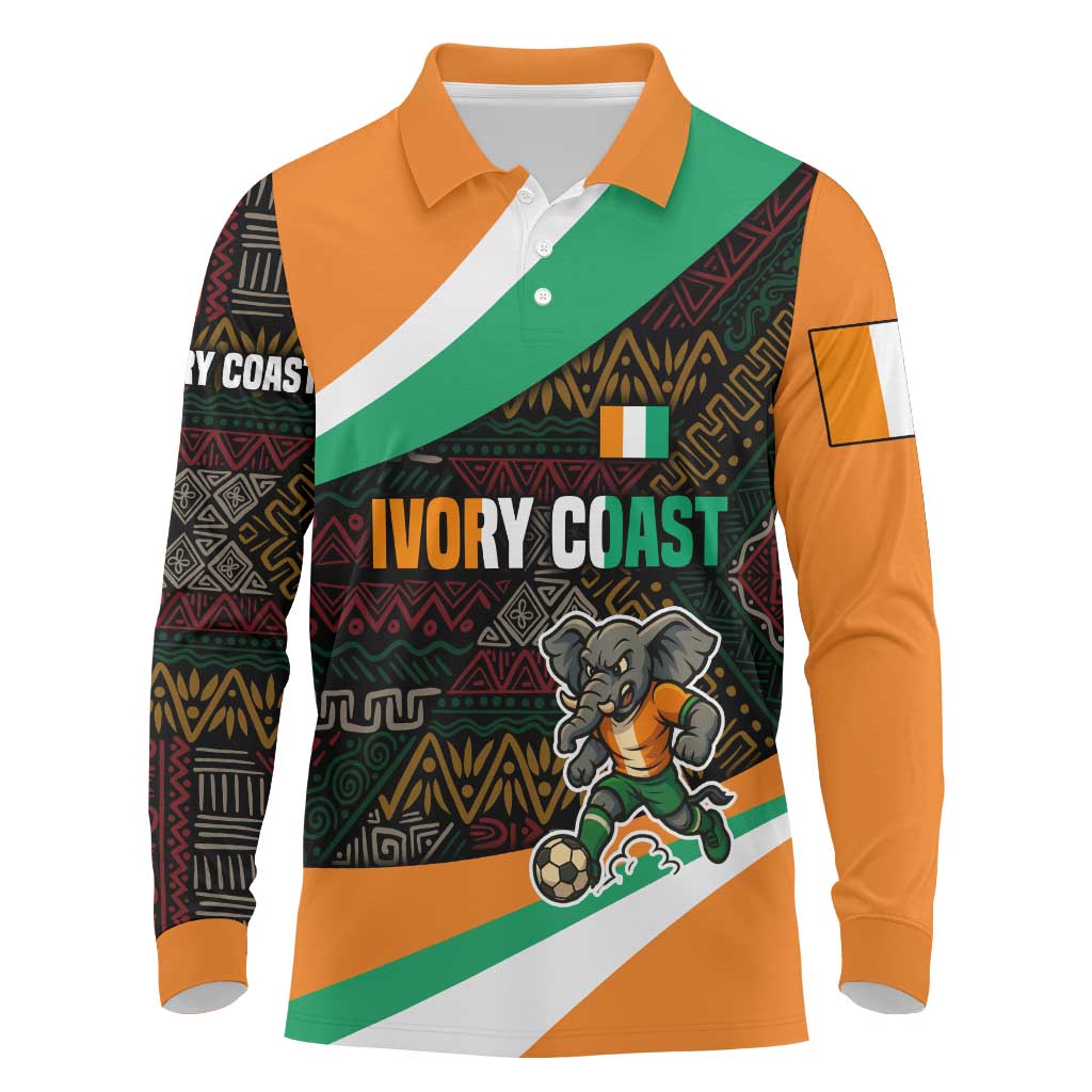 Ivory Coast Elephants Football Long Sleeve Polo Shirt Soccer with Tribal Pattern - African Pride