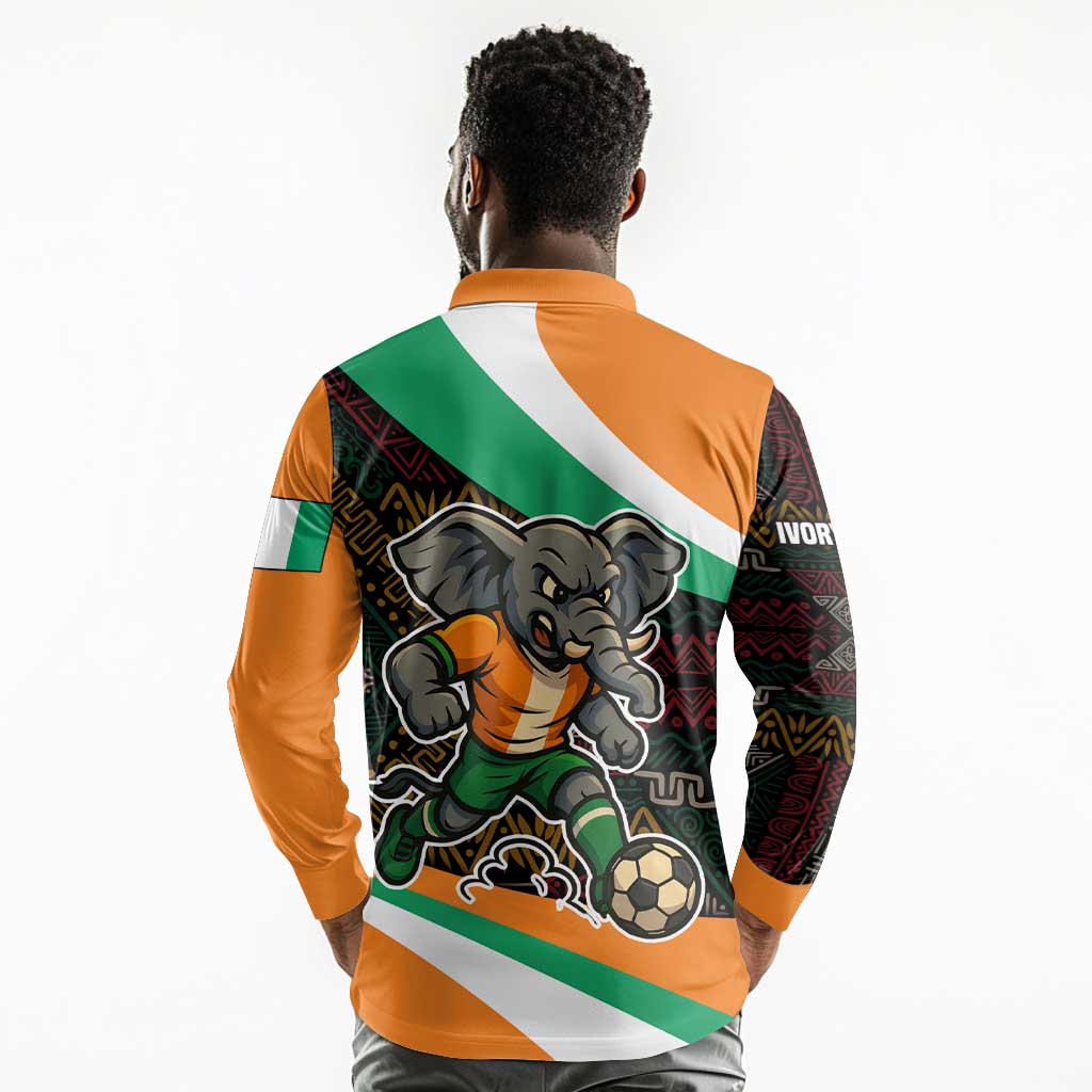 Ivory Coast Elephants Football Long Sleeve Polo Shirt Soccer with Tribal Pattern - African Pride