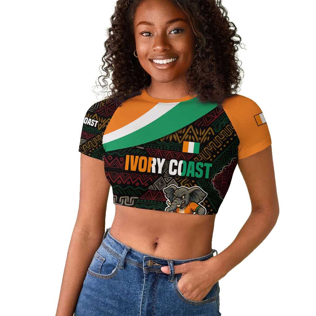 Ivory Coast Elephants Football Raglan Cropped T shirt Soccer with Tribal Pattern - African Pride