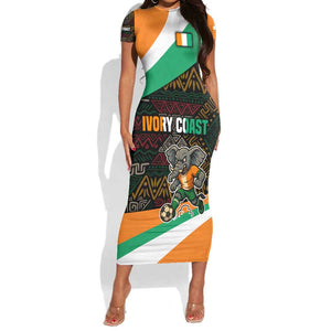 Ivory Coast Elephants Football Short Sleeve Bodycon Dress Soccer with Tribal Pattern - African Pride
